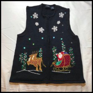 Ugly Christmas Sweater Zip Front Vest Santa Sleigh Reindeer Snowflakes Sz L